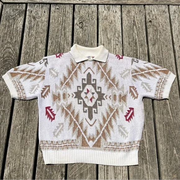 Vintage Southwestern Knit Cream Short Sleeve Collared Sweater Size Medium - Picture 3 of 10